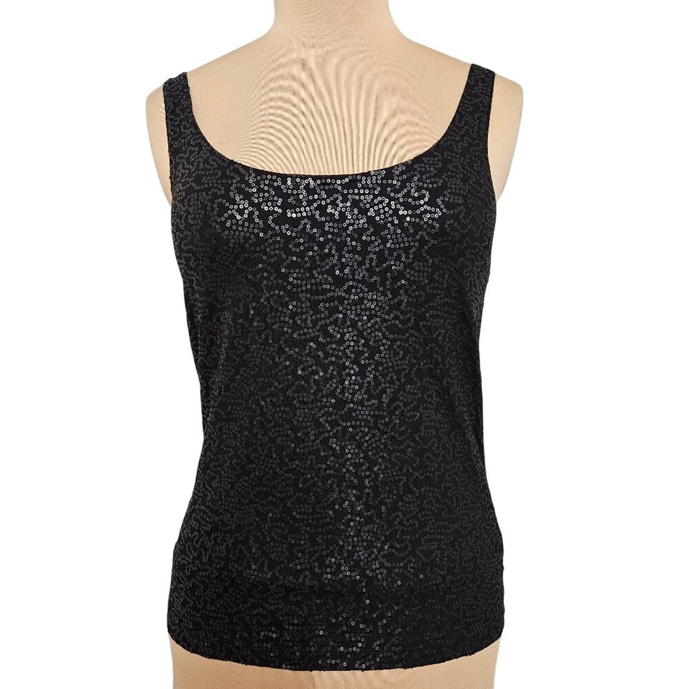 Talbots Black Sequin Tank Top‎ Small Rayon Lyocell Scoop Neck Party Top Swifty